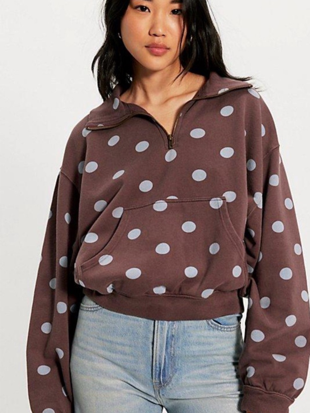 Free People Brown Polka Dot Half-Zip Hoodie with Light Blue Dots
